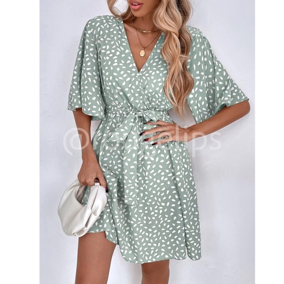 Mint Green All Over Print Dress Dalmatian, Spotted Faux Wrap, Tie Belt Mini - Picture 6 of 8